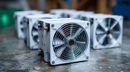 Row of white industrial computing hardware units with prominent cooling fans