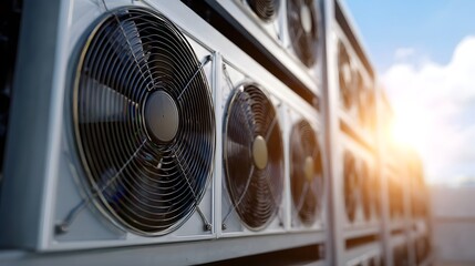 Row of industrial cooling fans for server equipment in bright sunlight