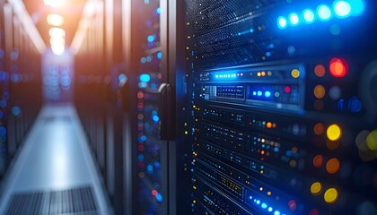 Digital Nexus: A compelling perspective within a server room, showcasing advanced technological infrastructure and data storage. The image exudes a sense of connectivity, innovation.