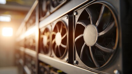 Rows of computer server cooling fans in a dimly lit industrial data center with warm sunlight streaming in