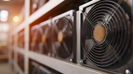 Rows of server hardware with prominent cooling fans in a brightly lit industrial setting
