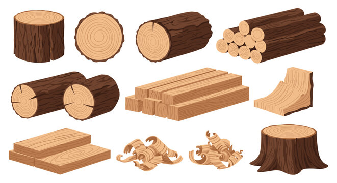 Various wood products including rough logs, cut timber planks, tree stumps, and piles of wooden shavings for carpentry industries.