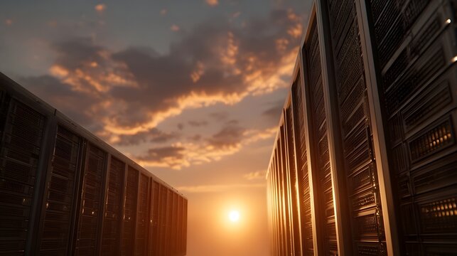 Server racks stand tall against a dramatic sunset sky symbolizing digital infrastructure and technological progress - Powered by Adobe
