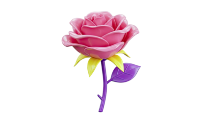 Stylized Pink Rose with Purple Stem and Yellow Sepals