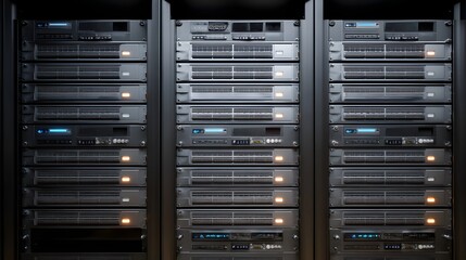 Modern data center filled with densely packed illuminated server racks and advanced computing hardware