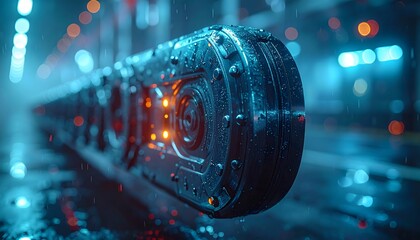 Cyberpunk Train: A futuristic, sleek train races through a rainy, neon-lit cityscape, embodying speed and technological innovation in a captivating cyberpunk aesthetic.