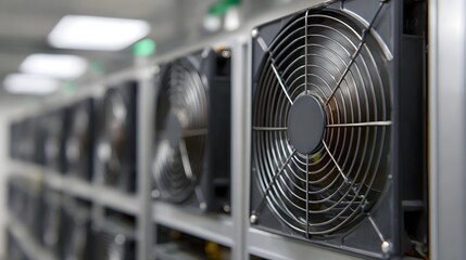 Industrial cooling fans are neatly arranged in rows within a technological infrastructure