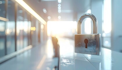 Secure Data Gateway: A polished padlock sits prominently, symbolizing robust data protection and secure access within a modern, illuminated architectural space.