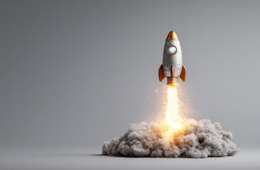 Light bulb with metallic surface and orange accents resembling a rocket engine launching with fiery exhaust and smoke plume