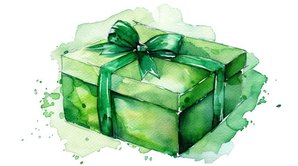 Green gift box watercolor isolated on white background