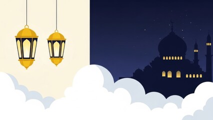 Beautiful mosque silhouette at night with glowing lanterns