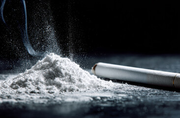 Line of fine white powder on a dark surface with a plant product product lying nearby