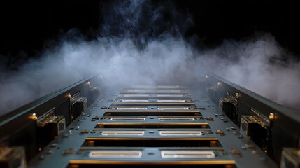 Technological server hardware shrouded in atmospheric fog