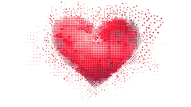 Geometric abstract red heart pattern made of tiny red dots modern romantic love design on transparent background - Powered by Adobe