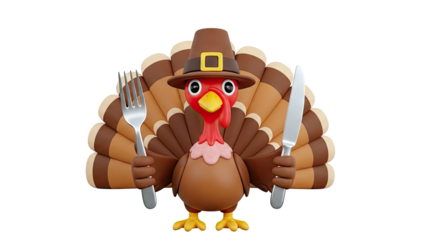 Cartoon Turkey Holding Fork and Knife for Thanksgiving Dinner