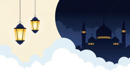 Serene mosque silhouette at night with glowing lanterns and moonlight