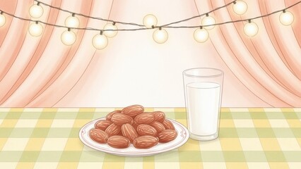 Delicious almonds and glass of milk on a colorful table setting