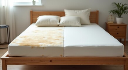 Mattress on a simple wooden bed frame left half dirty with yellowed spots right half clean and bright