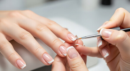French manicure process with skilled technician applying polish to nails, showcasing elegance and precision in a modern salon environment