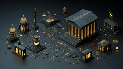 Data privacy infographic scene showing protected icons representing rights justice system professionalism digital environment controlled lighting