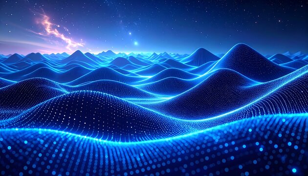 A futuristic digital landscape with glowing blue waves and a starry night sky - Powered by Adobe