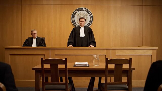 Courtroom with judges and defendant at table