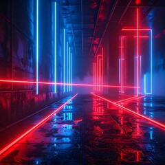 A dark, futuristic corridor illuminated by neon red and blue lights