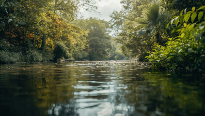 Lush river framed by tropical trees and soft sunlight, serene natural reflection and calm mood