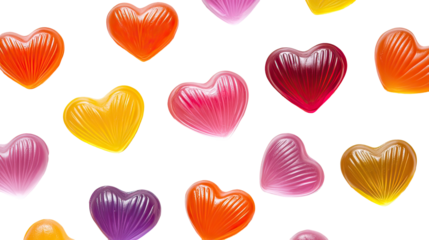 Heart shaped caramel and colorful hard candies arranged in a sweet romantic candy display valentines symbol on transparent background