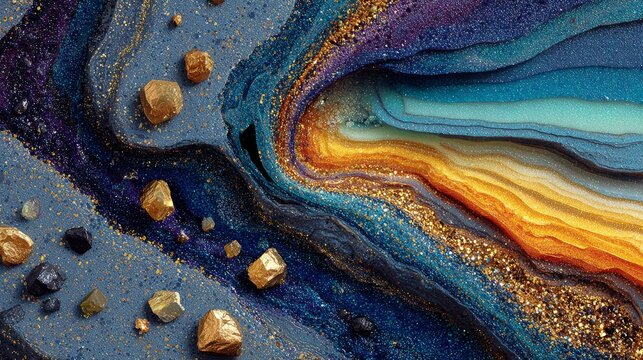 Abstract interpretation of rare earth elements with swirling metallic colors and floating mineral forms, creating a futuristic and dynamic composition with vivid textures in space