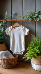 White Baby Onesie Mockup on Wooden Hanger with Greenery Decor