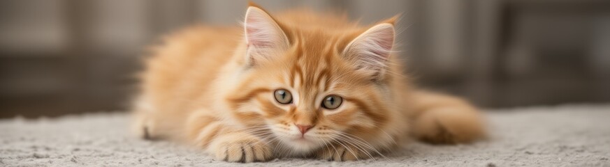 Small orange kitten laying on a white carpet