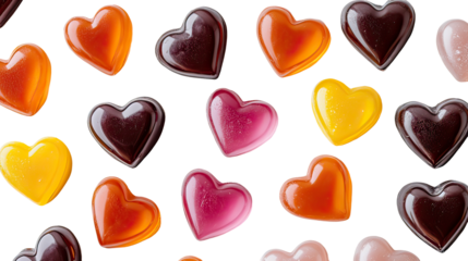 Heart shaped caramel and colorful hard candies arranged in a sweet romantic candy display valentines symbol on transparent background