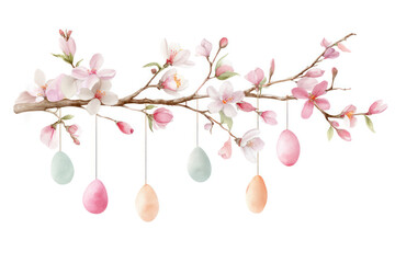 Delicate branch adorned with pastel Easter eggs and blooming flowers, creating a serene spring atmosphere for festive celebrations