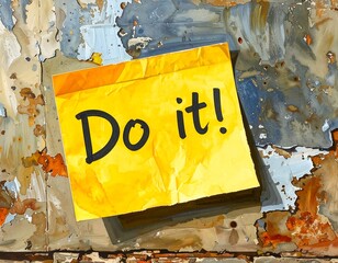 A yellow sticky note with "Do it!" on a peeling metal surface