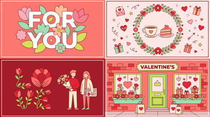 Set of Valentine's Day greeting cards featuring hearts, florals, and romantic illustrations for love and gifting