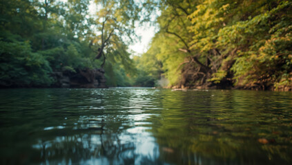 Obraz premium Calm river water reflecting green forest trees, peaceful natural scene with soft light