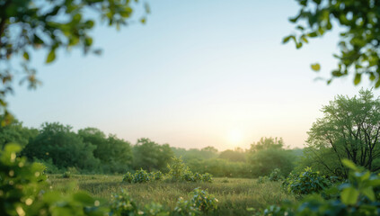 Obraz premium Lush green meadow at sunrise with soft light and peaceful natural atmosphere