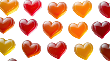 Heart shaped caramel and colorful hard candies arranged in a sweet romantic candy display valentines symbol on transparent background