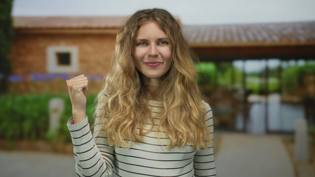 Woman raises her hand in a victory pose amid a garden scene with a blonde young artist whose wide smile highlights flowing hair against a house in an outdoor setting.