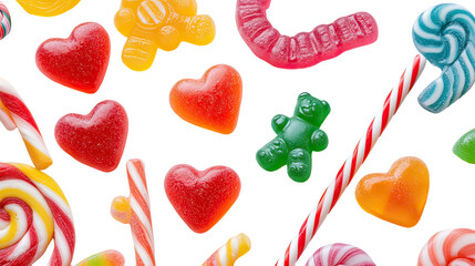 Heart-shaped gummy bears colorful lollipops and candy canes arranged as sweet romantic valentines candy display on transparent background