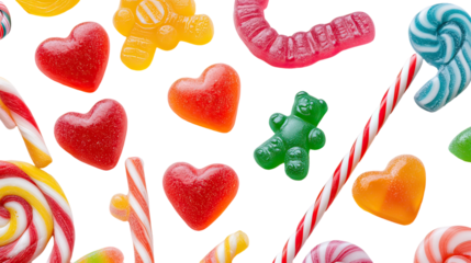 Heart-shaped gummy bears colorful lollipops and candy canes arranged as sweet romantic valentines candy display on transparent background