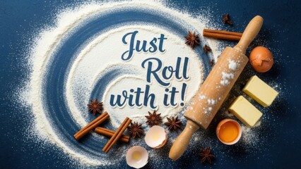 Baking ingredients and rolling pin on flour covered surface with motivational text