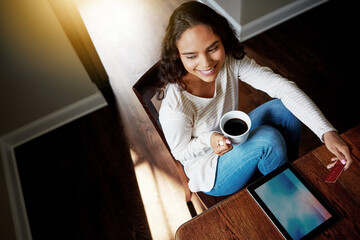 Woman, tablet and credit card in home for online shopping, coffee and above with budget for bills...