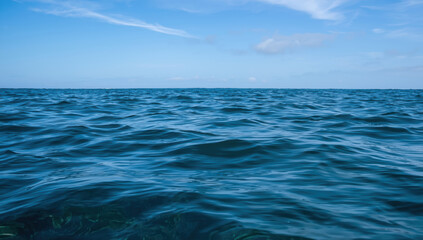 Obraz premium Calm blue ocean horizon with gentle waves and clear sky, peaceful maritime scene