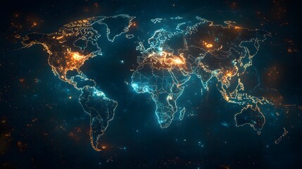 Blockchain nodes glowing in a dark, futuristic environment, representing innovation