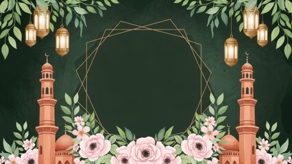 Beautiful Ramadan background with mosque and flowers