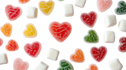 Heart shaped hard candy fluffy marshmallows and sour candies arranged as sweet romantic valentines treat on transparent background