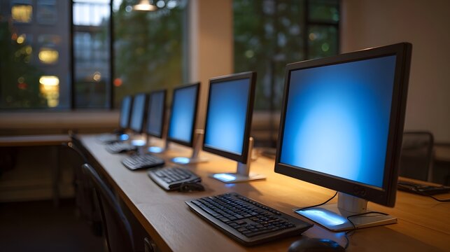 A row of illuminated computer monitors displaying a blue glow sits on a wooden desk in a modern office or computer lab with city lights visible