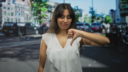 Fototapeta premium Young hispanic woman, brunette, giving thumbs down gesture with closed eyes on a busy city street wearing white blouse; disapproval social commentary.